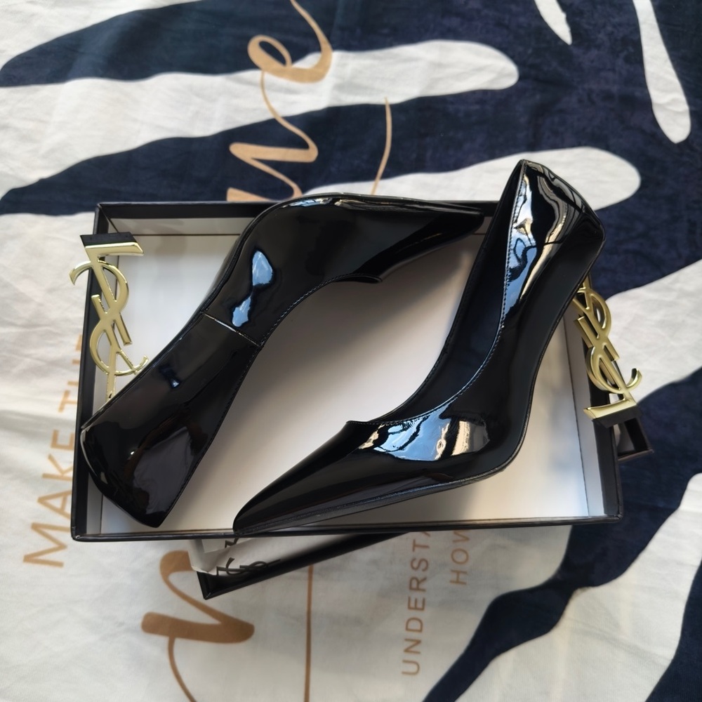 Saint Laurent Black Patent Pointed-Toe Heels with Gold YSL Logo Heel - Picture 5 of 12